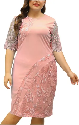 JOAU Women Plus Size Lace Embroidery Patchwork Half Sleeve Midi Dress Cocktail Evening Party Elegant Crew Neck Zip Dresses