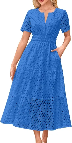 JOAU Women's 2025 Summer Short Sleeve Maxi Dress Casual V Neck Hollow Out Eyelet Tiered Ruffle Swing A Line Long Dresses