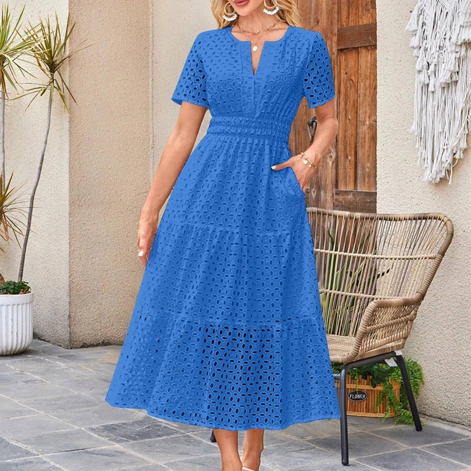 JOAU Women's 2025 Summer Short Sleeve Maxi Dress Casual V Neck Hollow Out Eyelet Tiered Ruffle Swing A Line Long Dresses