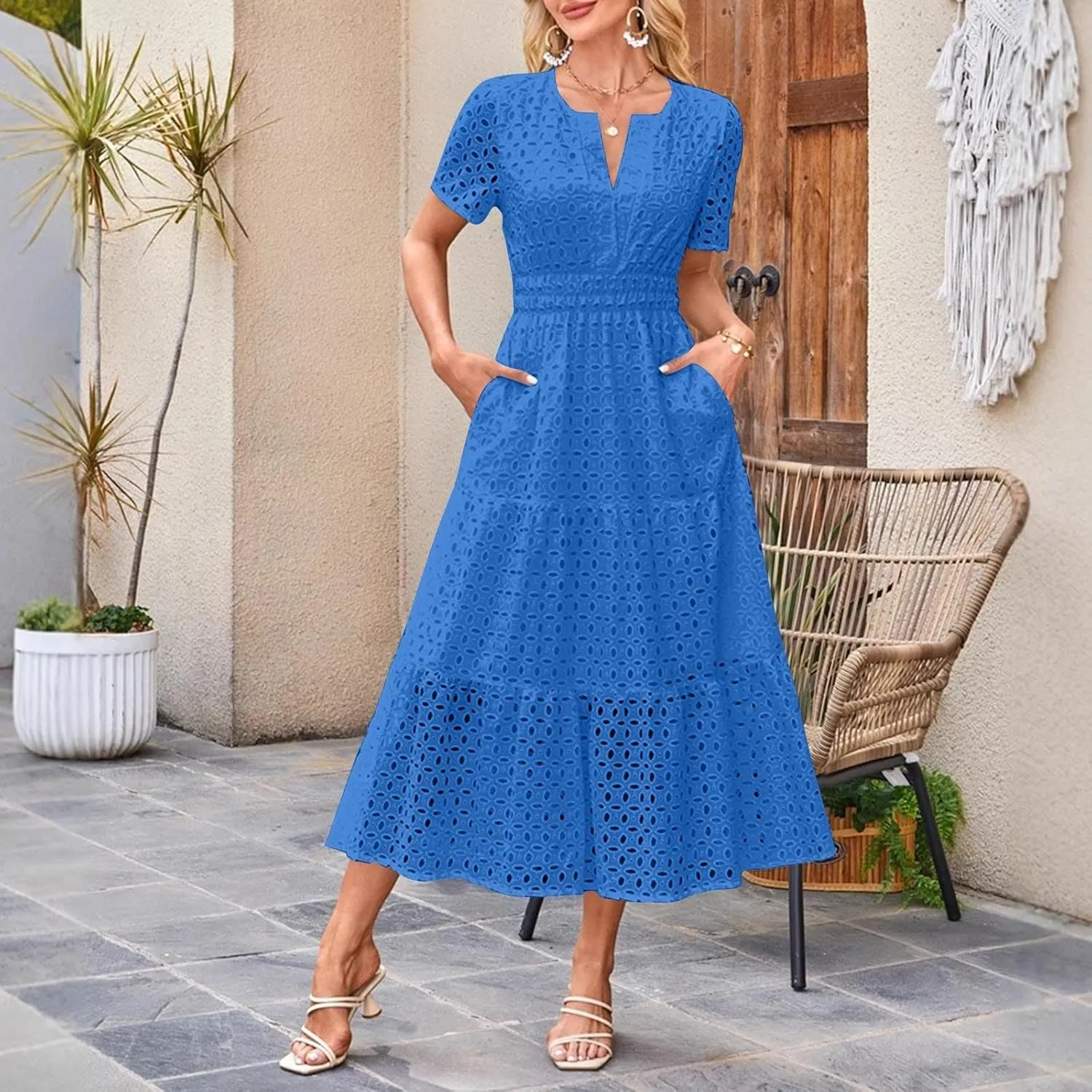 JOAU Women's 2025 Summer Short Sleeve Maxi Dress Casual V Neck Hollow Out Eyelet Tiered Ruffle Swing A Line Long Dresses