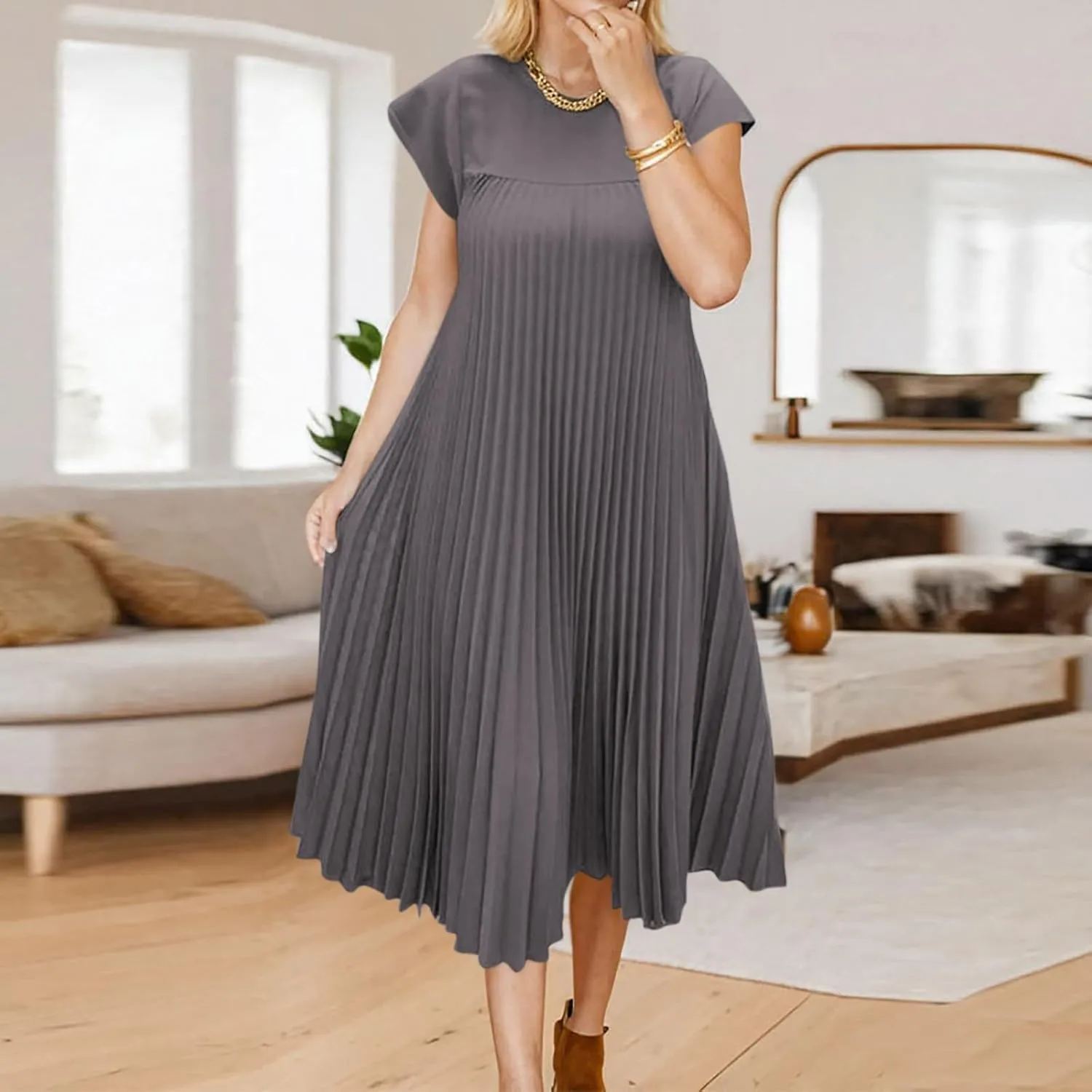 JOAU Womens Casual Summer Short Sleeve T Shirt Dress Crew Neck Beach Midi Dresses Loose A-Line Swing Pleated Dress 2025