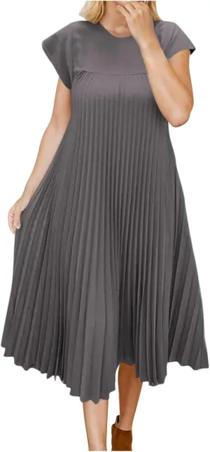 JOAU Womens Casual Summer Short Sleeve T Shirt Dress Crew Neck Beach Midi Dresses Loose A-Line Swing Pleated Dress 2025