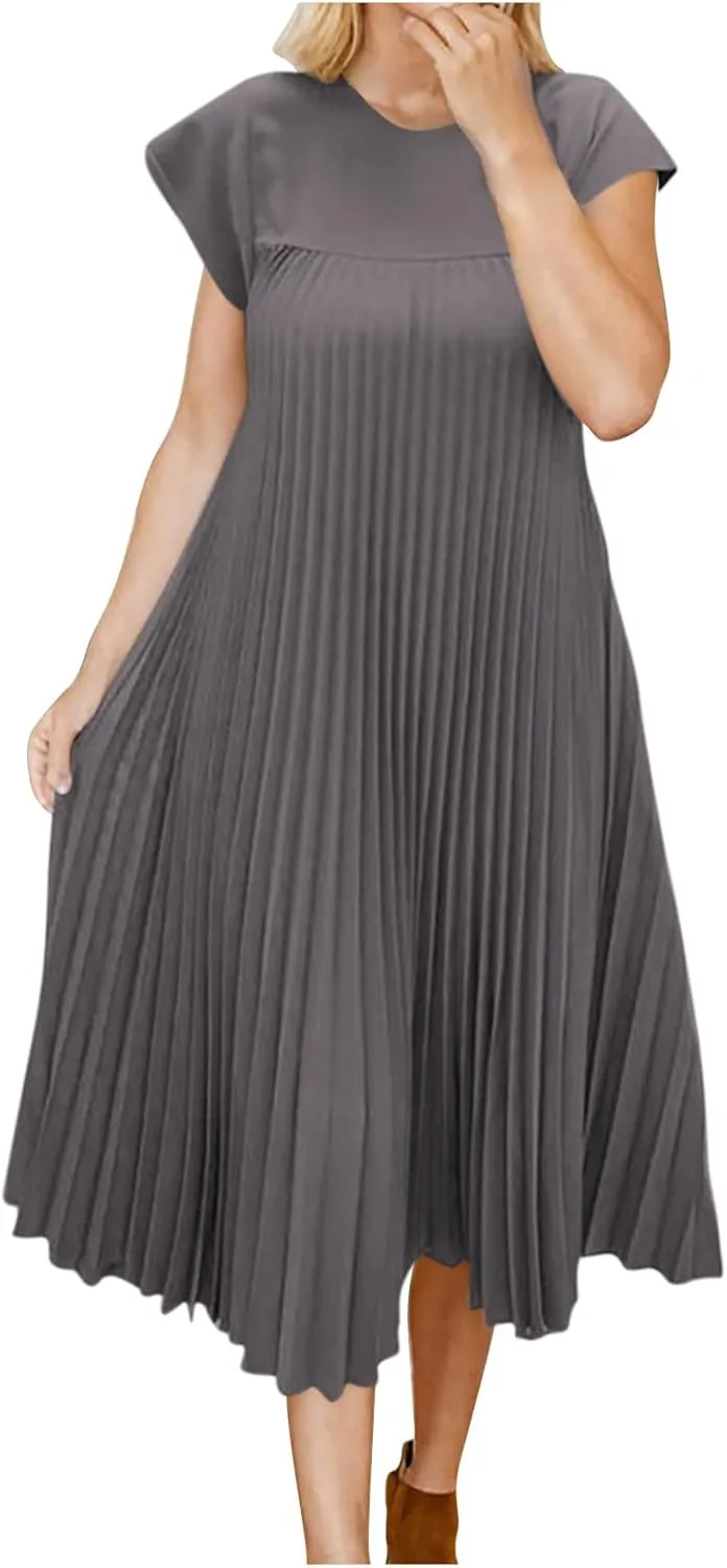 JOAU Womens Casual Summer Short Sleeve T Shirt Dress Crew Neck Beach Midi Dresses Loose A-Line Swing Pleated Dress 2025