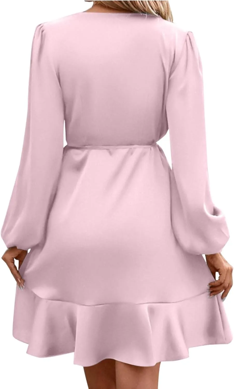 JOAU Women's Satin Long Sleeve Wrap V Neck Ruched Tie Waist Mini Dresses Irregular Slit Ruffle Hem Cocktail Party Dress