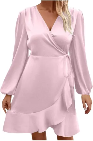 JOAU Women's Satin Long Sleeve Wrap V Neck Ruched Tie Waist Mini Dresses Irregular Slit Ruffle Hem Cocktail Party Dress