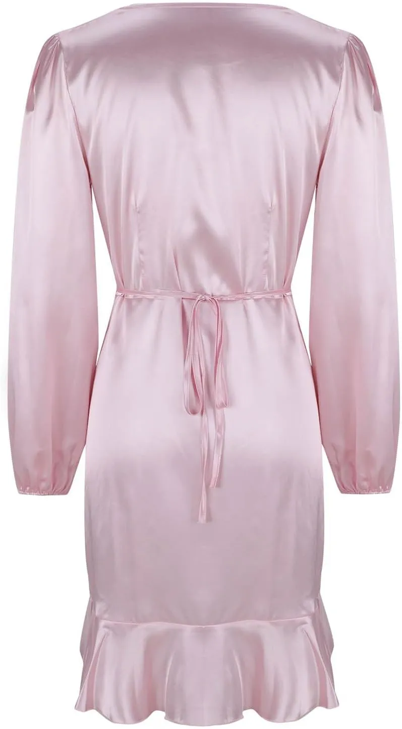 JOAU Women's Satin Long Sleeve Wrap V Neck Ruched Tie Waist Mini Dresses Irregular Slit Ruffle Hem Cocktail Party Dress