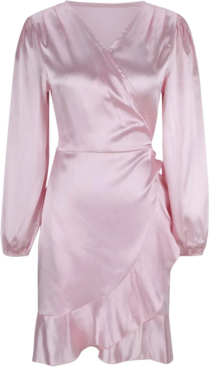 JOAU Women's Satin Long Sleeve Wrap V Neck Ruched Tie Waist Mini Dresses Irregular Slit Ruffle Hem Cocktail Party Dress