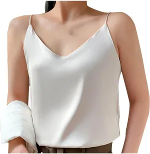 JOAU Women's Silk Satin Tank Tops 2025 V Neck Spaghetti Strap Sleeveless Camisole Summer Casual Loose Basic Dressy Blouse