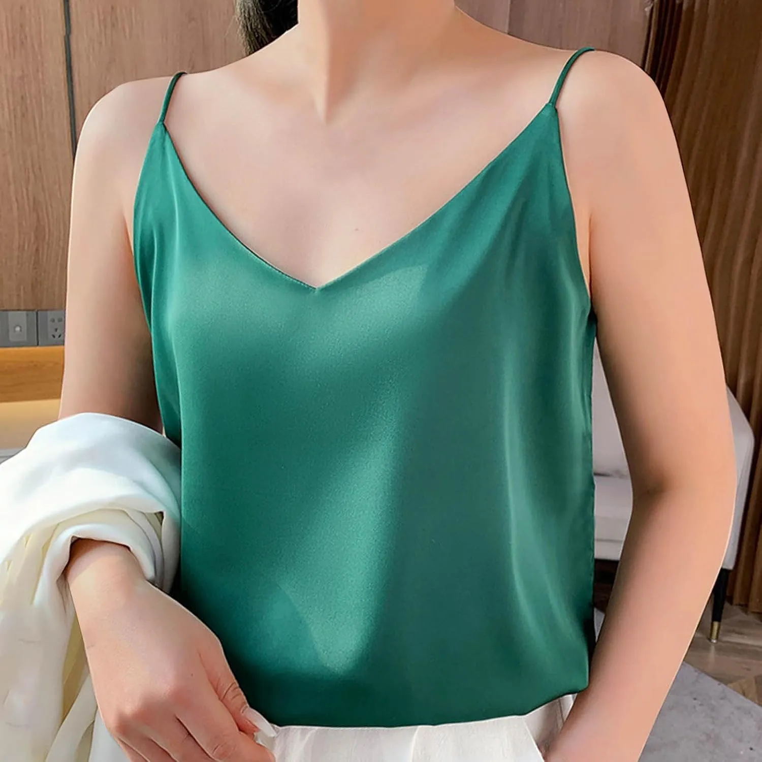 JOAU Women's Silk Satin Tank Tops 2025 V Neck Spaghetti Strap Sleeveless Camisole Summer Casual Loose Basic Dressy Blouse