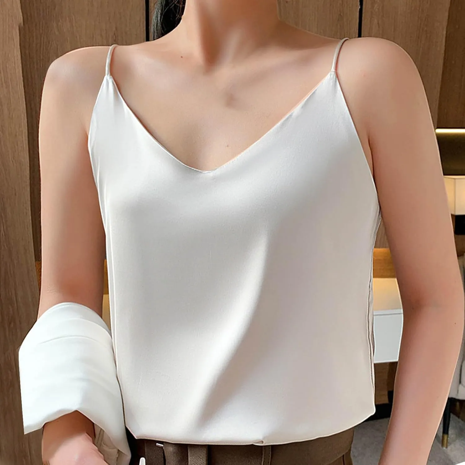 JOAU Women's Silk Satin Tank Tops 2025 V Neck Spaghetti Strap Sleeveless Camisole Summer Casual Loose Basic Dressy Blouse