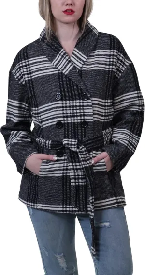 JOUJOU Women's Wool Plaid Belted Trench, Comfortable & Stylish, Trendy Coat