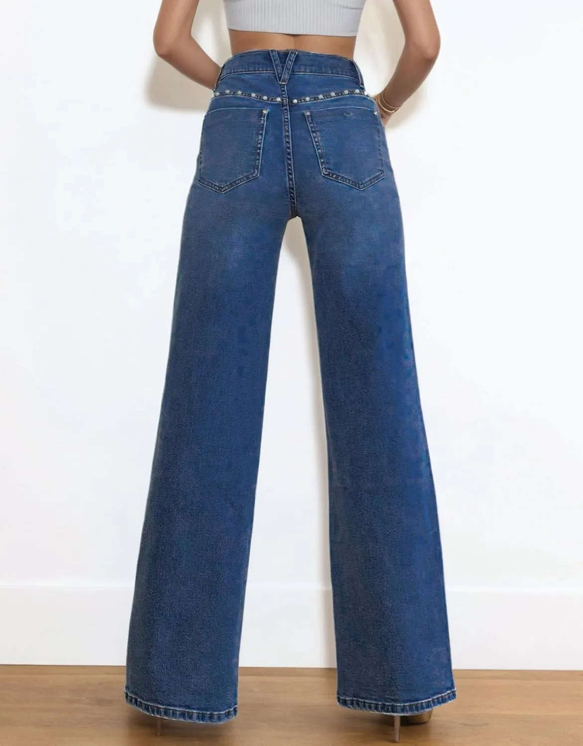 Kedera Women's High Waisted Jeans Stretchy Pearl Beaded Jeans Wide Leg Casual Denim Trousers Y2K Trendy Baggy Pants