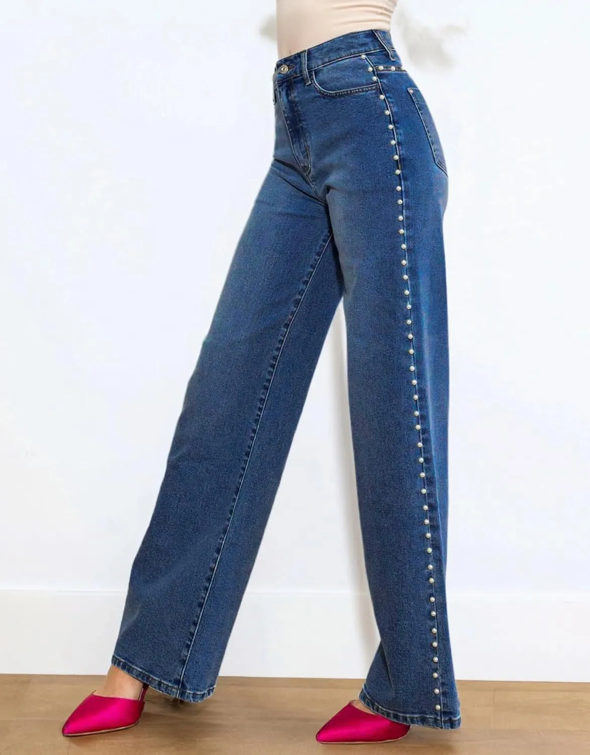 Kedera Women's High Waisted Jeans Stretchy Pearl Beaded Jeans Wide Leg Casual Denim Trousers Y2K Trendy Baggy Pants