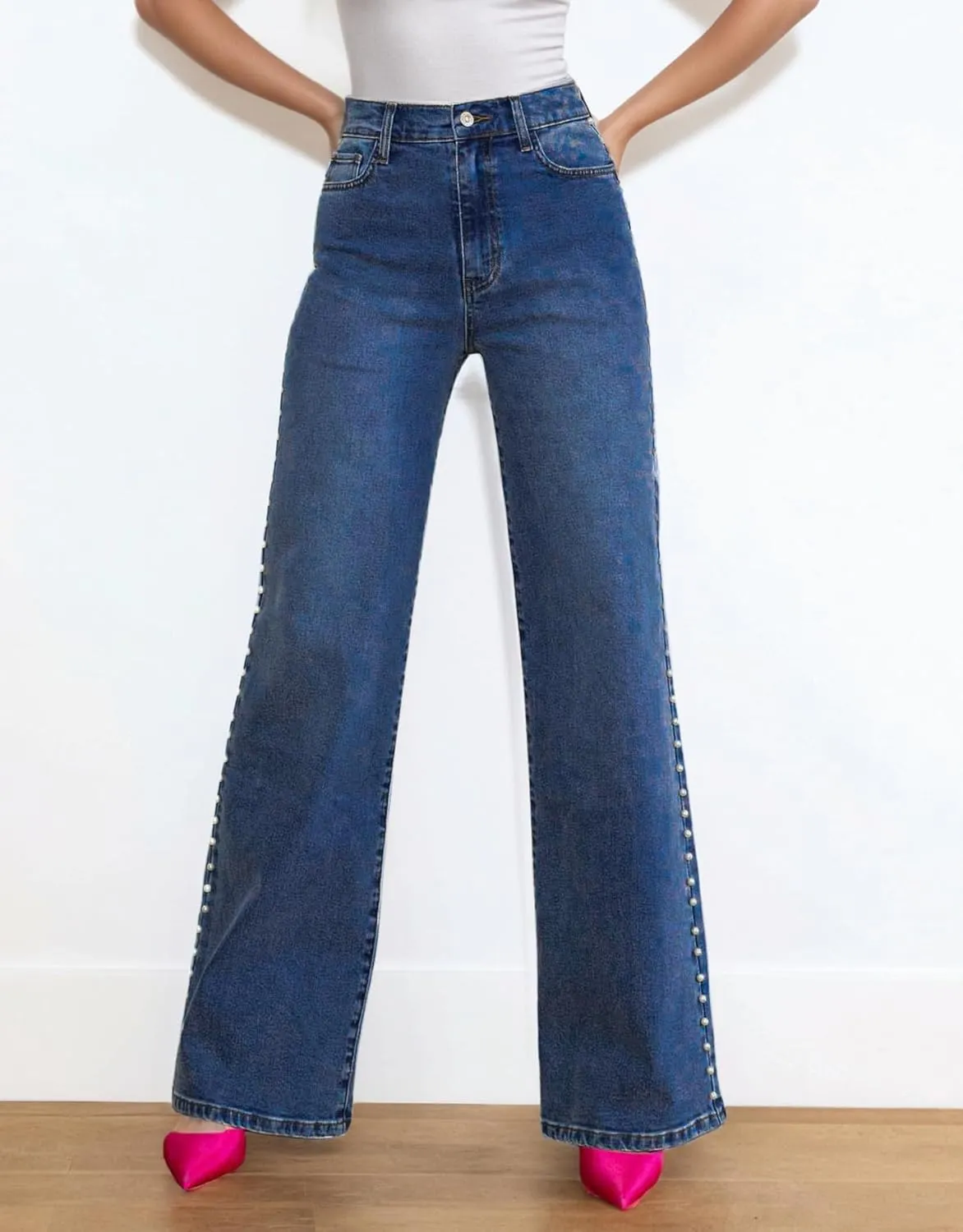 Kedera Women's High Waisted Jeans Stretchy Pearl Beaded Jeans Wide Leg Casual Denim Trousers Y2K Trendy Baggy Pants