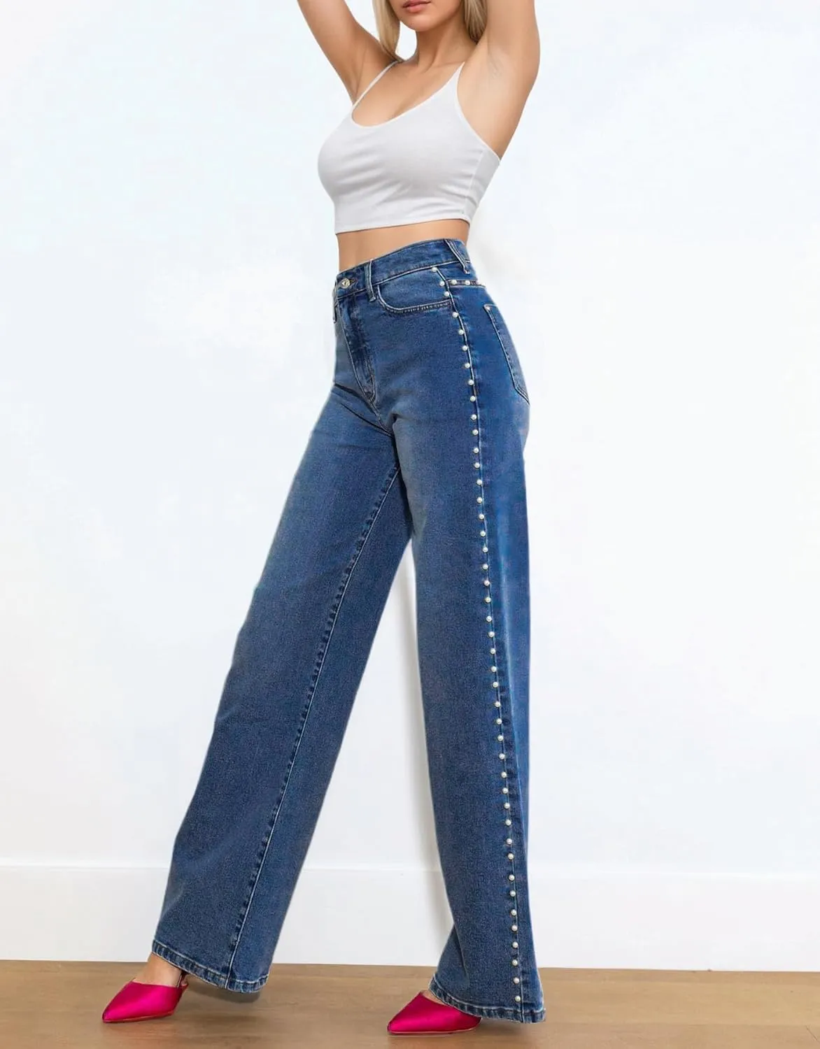 Kedera Women's High Waisted Jeans Stretchy Pearl Beaded Jeans Wide Leg Casual Denim Trousers Y2K Trendy Baggy Pants