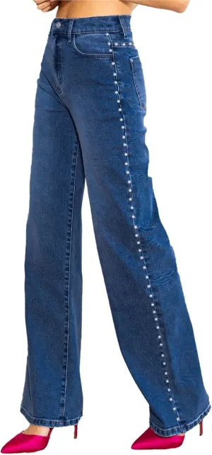 Kedera Women's High Waisted Jeans Stretchy Pearl Beaded Jeans Wide Leg Casual Denim Trousers Y2K Trendy Baggy Pants