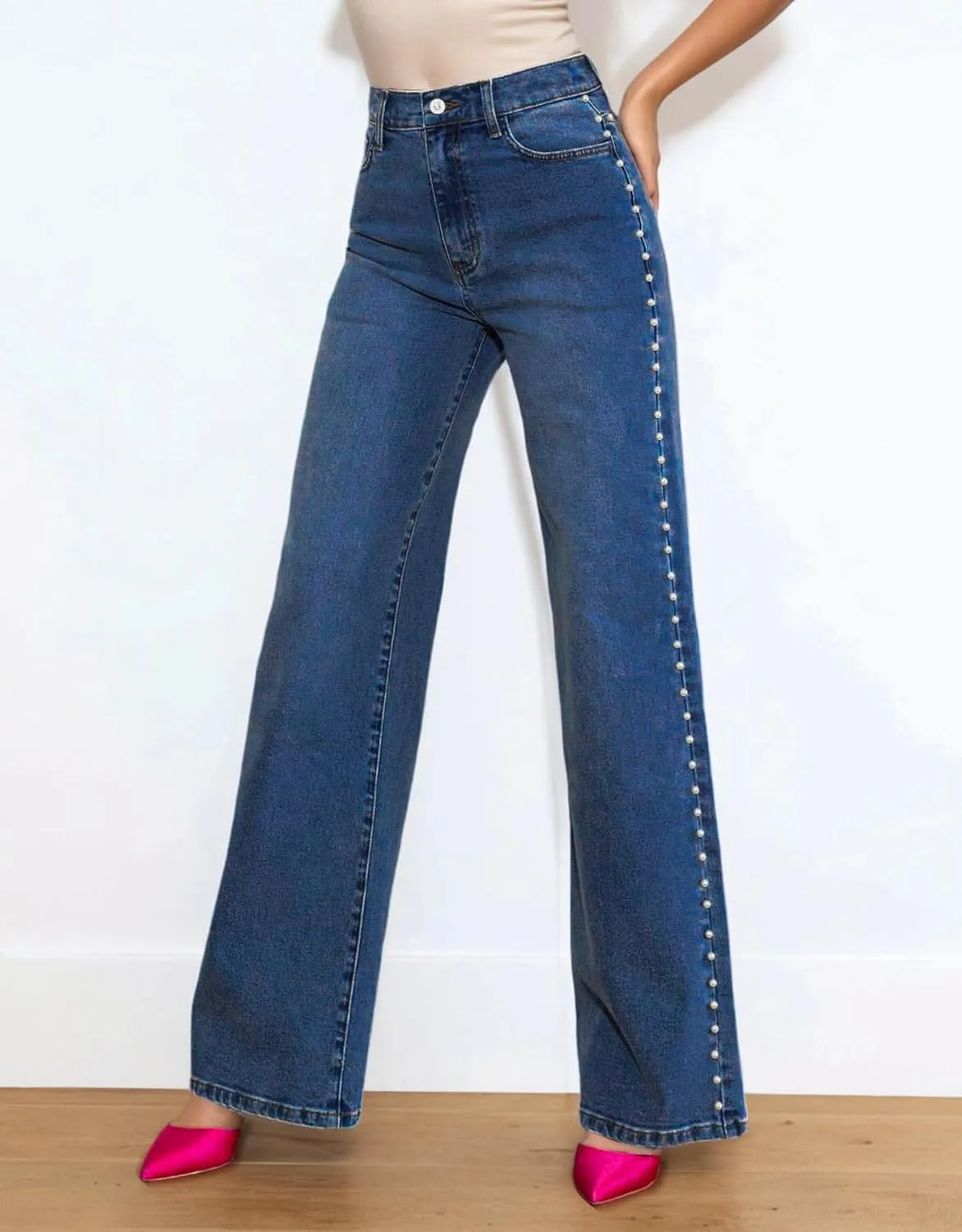 Kedera Women's High Waisted Jeans Stretchy Pearl Beaded Jeans Wide Leg Casual Denim Trousers Y2K Trendy Baggy Pants