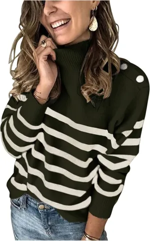 KIRUNDO Women's 2025 Fall Winter Long Sleeve Knit Sweater Turtleneck Striped Loose Pullover Tops Deco with Metal Buttons