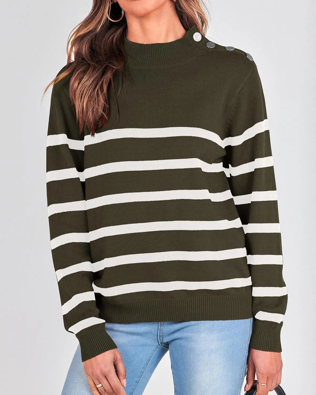 KIRUNDO Women's 2025 Fall Winter Long Sleeve Knit Sweater Turtleneck Striped Loose Pullover Tops Deco with Metal Buttons