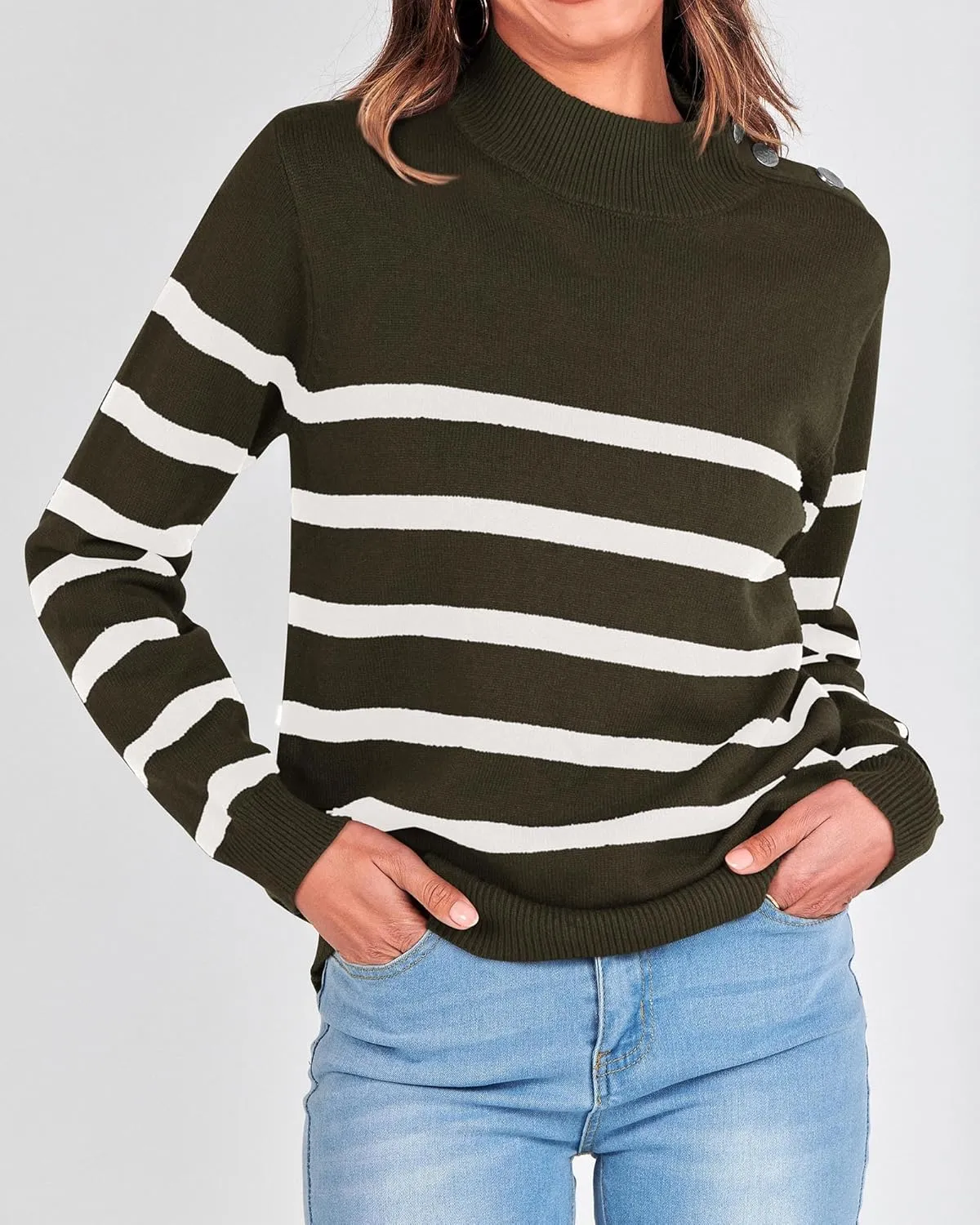 KIRUNDO Women's 2025 Fall Winter Long Sleeve Knit Sweater Turtleneck Striped Loose Pullover Tops Deco with Metal Buttons