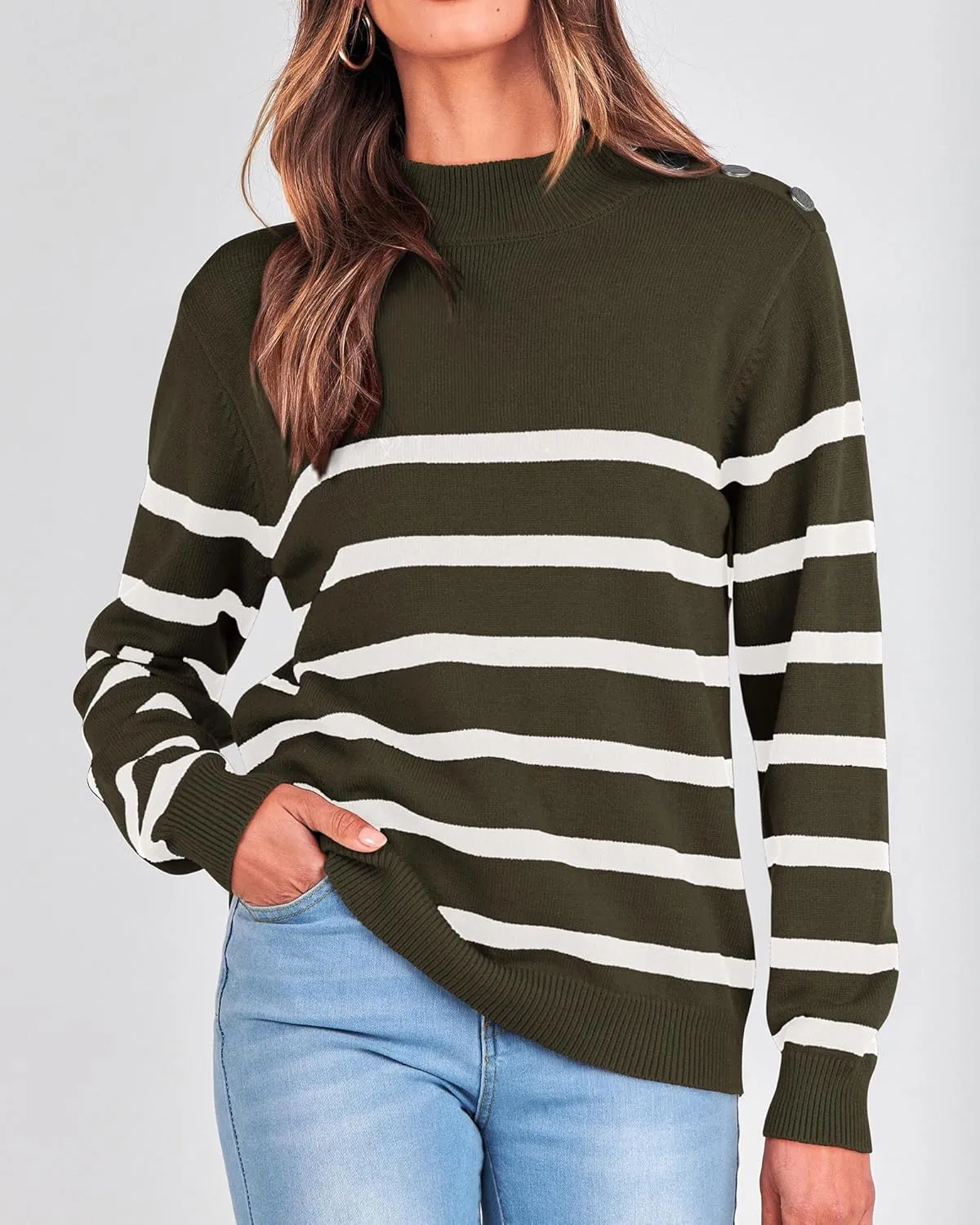 KIRUNDO Women's 2025 Fall Winter Long Sleeve Knit Sweater Turtleneck Striped Loose Pullover Tops Deco with Metal Buttons
