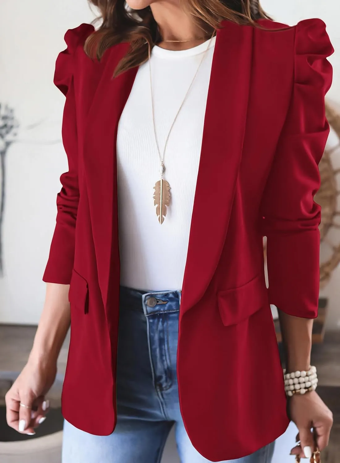KIRUNDO Women's 2025 Spring Fall Casual Blazers Puff Sleeve Lapel Open Front Work Suit Office Blazer Jackets with Pockets