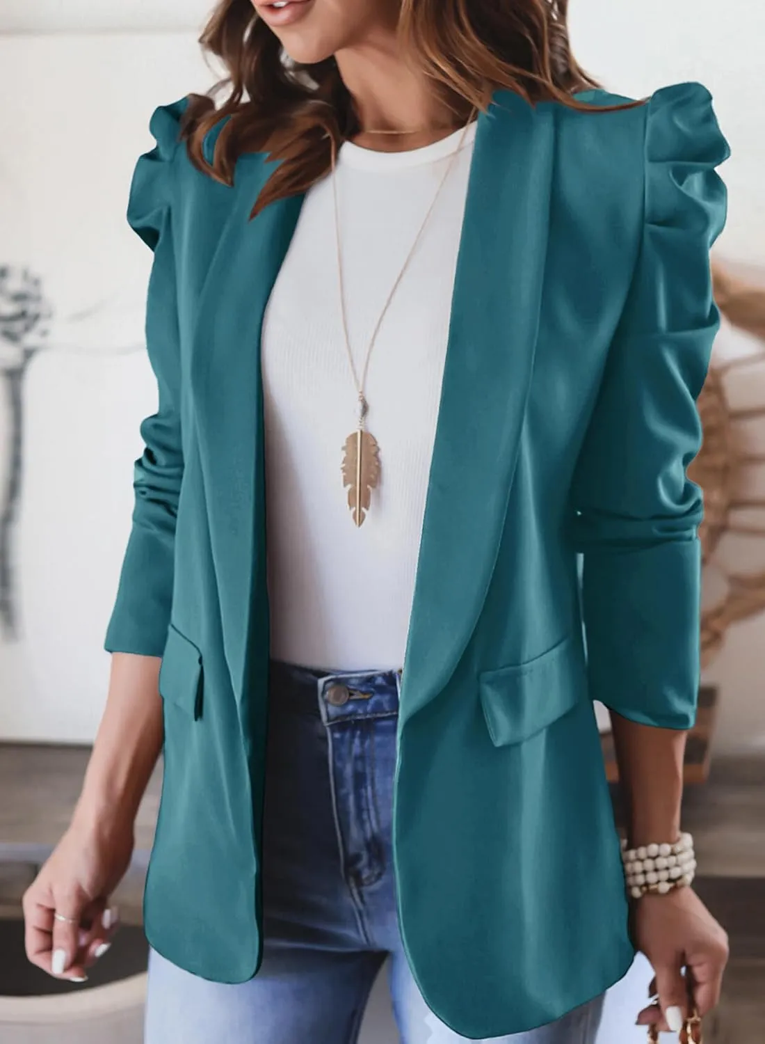 KIRUNDO Women's 2025 Spring Fall Casual Blazers Puff Sleeve Lapel Open Front Work Suit Office Blazer Jackets with Pockets