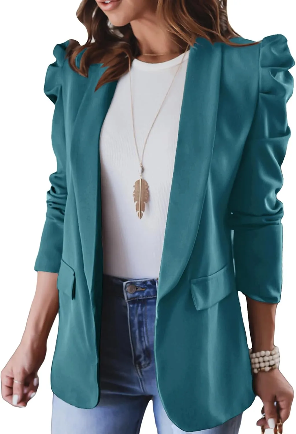 KIRUNDO Women's 2025 Spring Fall Casual Blazers Puff Sleeve Lapel Open Front Work Suit Office Blazer Jackets with Pockets