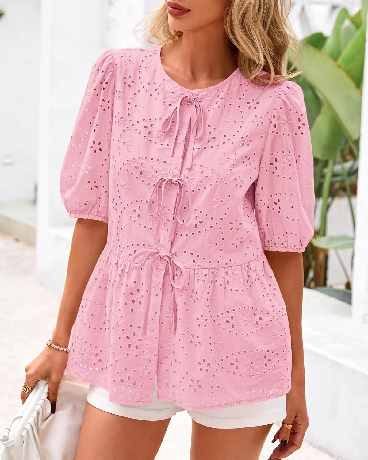 KIRUNDO Womens Tops Dressy Casual Tie Front Shirts Short Lantern Sleeve Hollow Out Lace Embroidered Babydoll Blouses