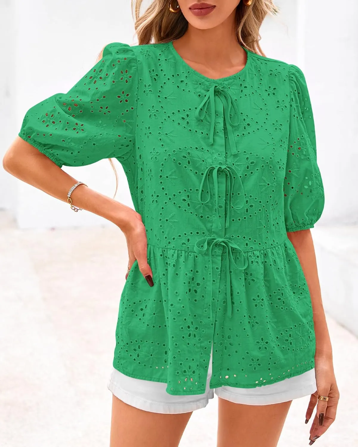 KIRUNDO Womens Tops Dressy Casual Tie Front Shirts Short Lantern Sleeve Hollow Out Lace Embroidered Babydoll Blouses