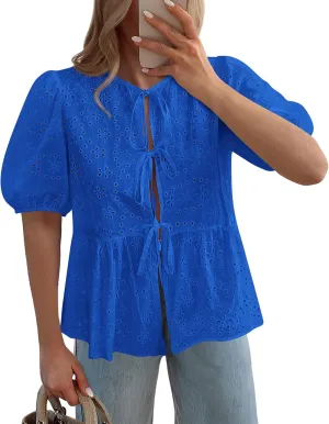 KIRUNDO Womens Tops Dressy Casual Tie Front Shirts Short Lantern Sleeve Hollow Out Lace Embroidered Babydoll Blouses