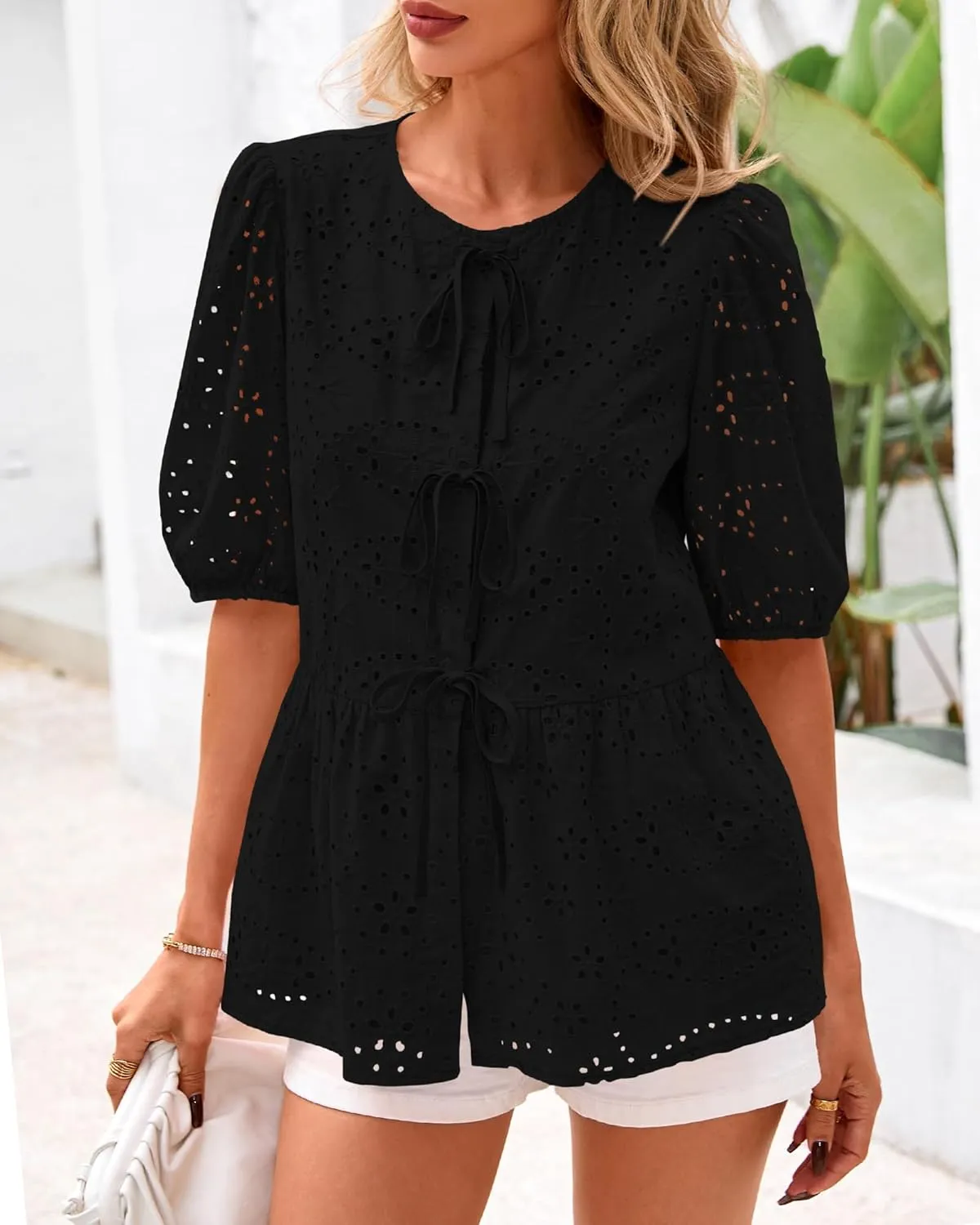 KIRUNDO Womens Tops Dressy Casual Tie Front Shirts Short Lantern Sleeve Hollow Out Lace Embroidered Babydoll Blouses