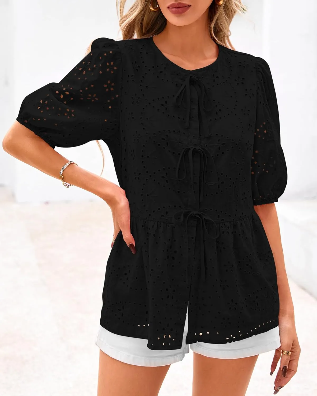 KIRUNDO Womens Tops Dressy Casual Tie Front Shirts Short Lantern Sleeve Hollow Out Lace Embroidered Babydoll Blouses