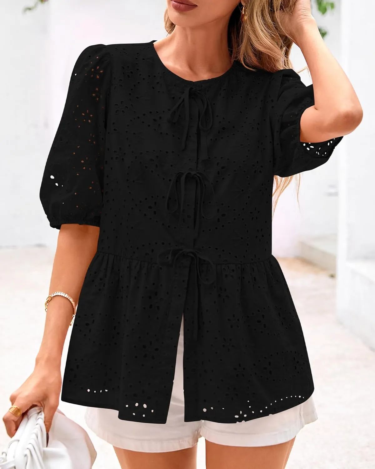 KIRUNDO Womens Tops Dressy Casual Tie Front Shirts Short Lantern Sleeve Hollow Out Lace Embroidered Babydoll Blouses