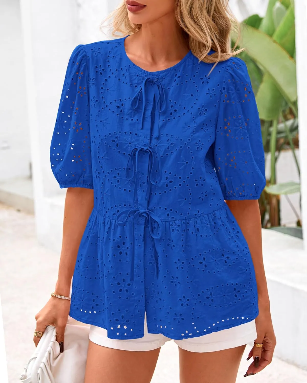 KIRUNDO Womens Tops Dressy Casual Tie Front Shirts Short Lantern Sleeve Hollow Out Lace Embroidered Babydoll Blouses