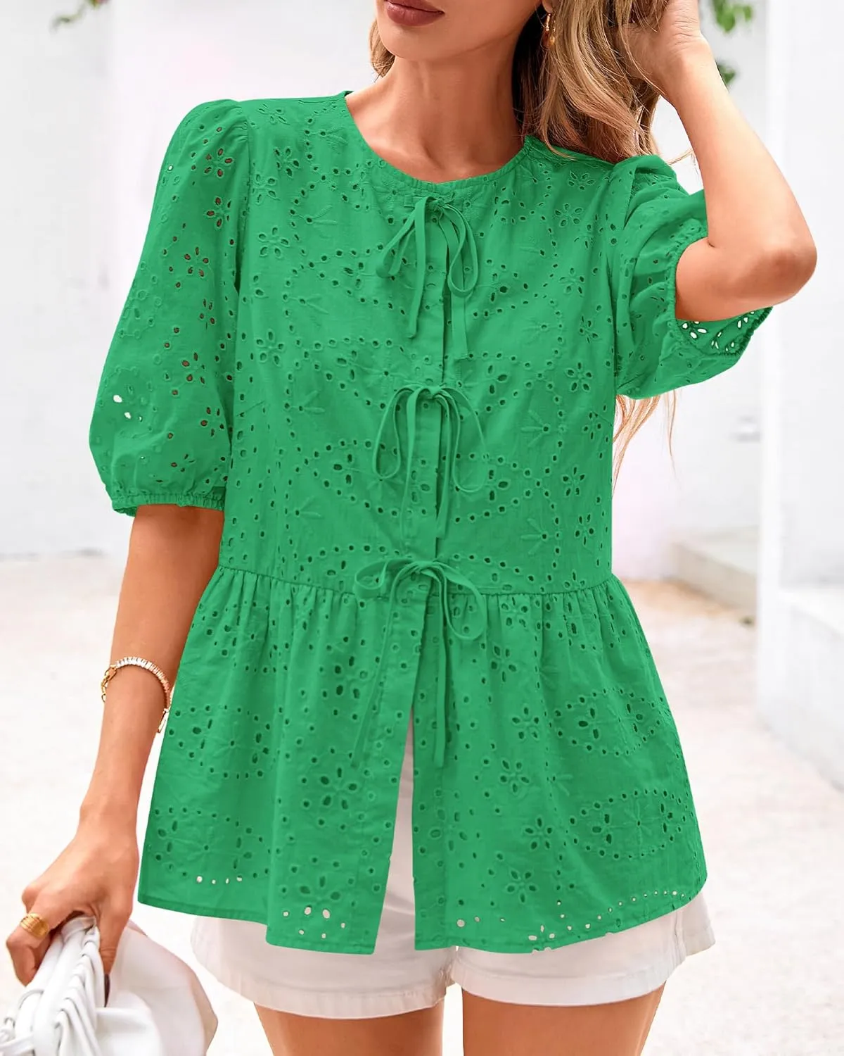 KIRUNDO Womens Tops Dressy Casual Tie Front Shirts Short Lantern Sleeve Hollow Out Lace Embroidered Babydoll Blouses