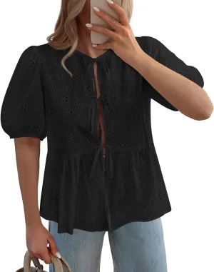 KIRUNDO Womens Tops Dressy Casual Tie Front Shirts Short Lantern Sleeve Hollow Out Lace Embroidered Babydoll Blouses