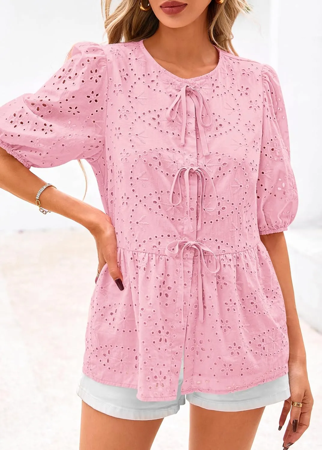 KIRUNDO Womens Tops Dressy Casual Tie Front Shirts Short Lantern Sleeve Hollow Out Lace Embroidered Babydoll Blouses