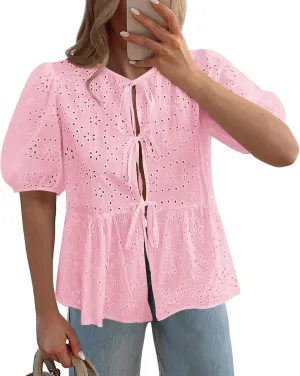 KIRUNDO Womens Tops Dressy Casual Tie Front Shirts Short Lantern Sleeve Hollow Out Lace Embroidered Babydoll Blouses