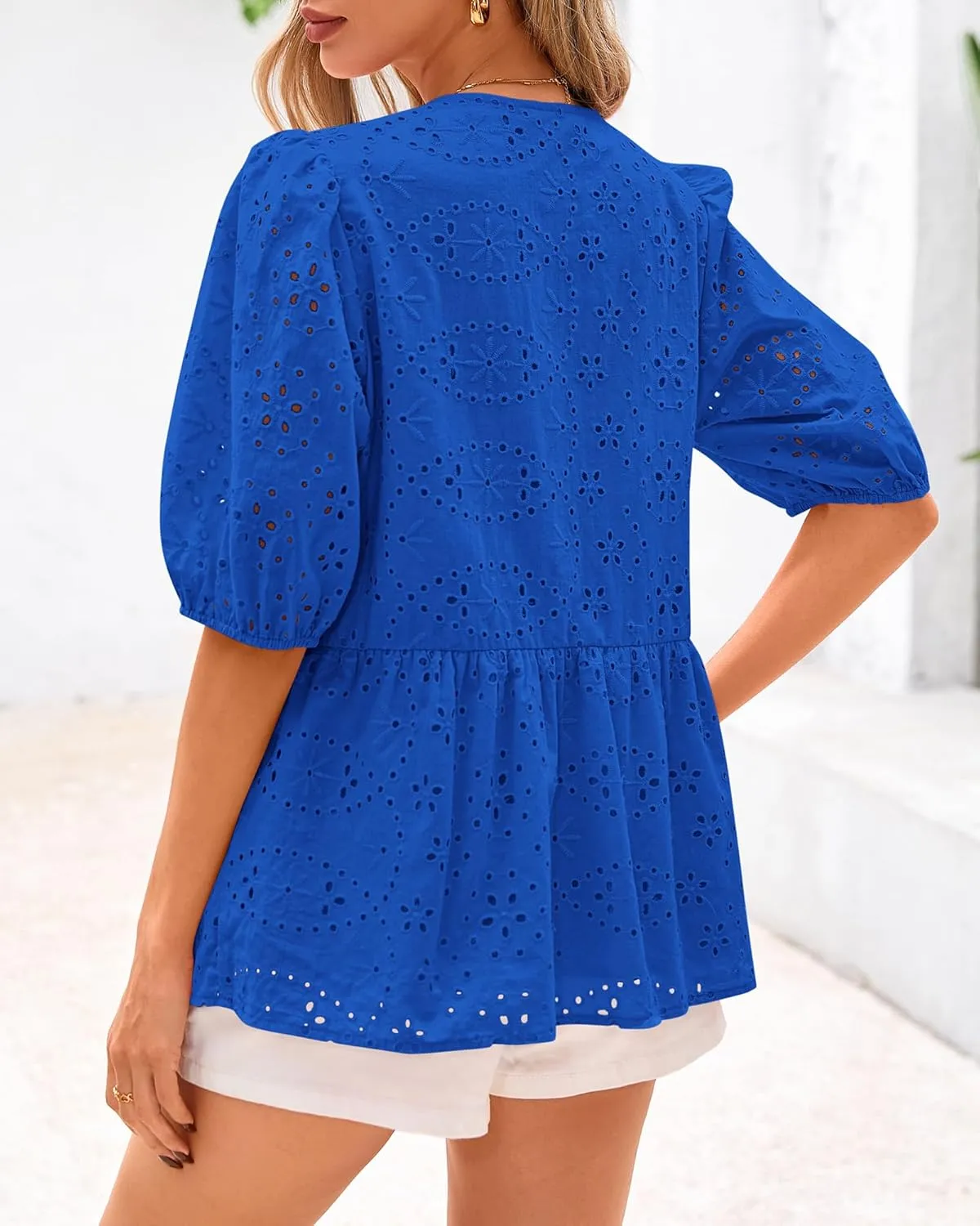 KIRUNDO Womens Tops Dressy Casual Tie Front Shirts Short Lantern Sleeve Hollow Out Lace Embroidered Babydoll Blouses