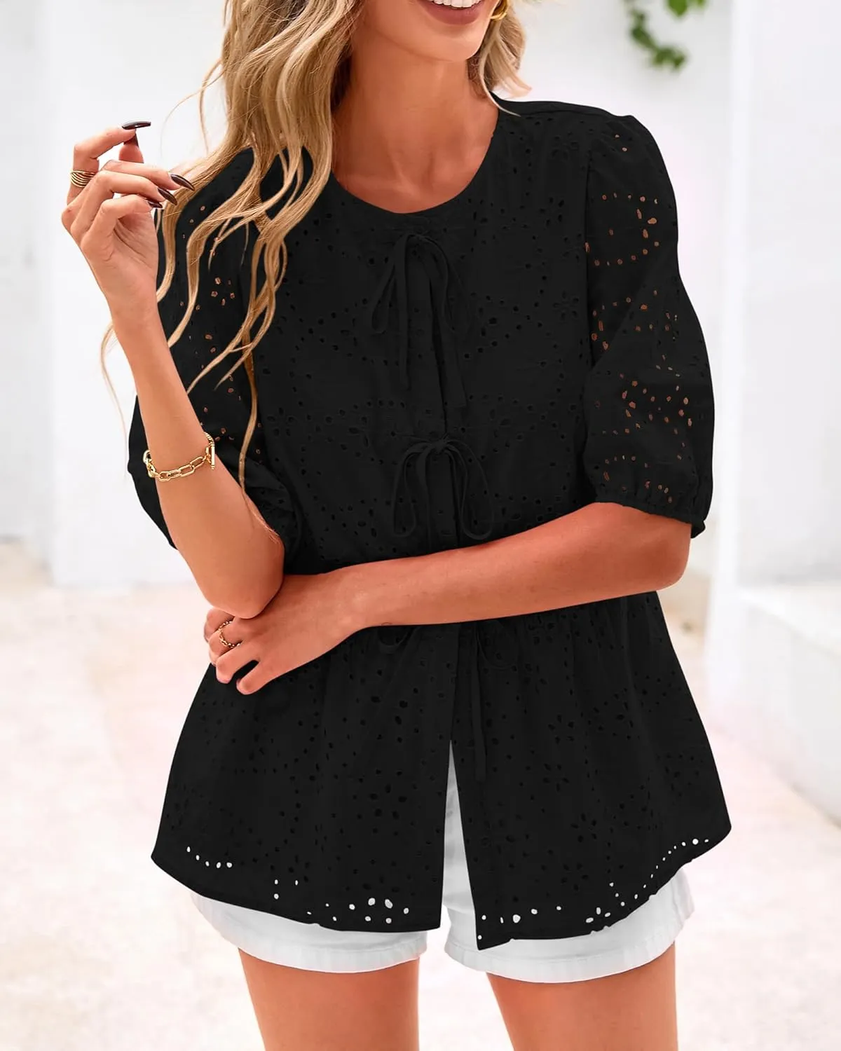 KIRUNDO Womens Tops Dressy Casual Tie Front Shirts Short Lantern Sleeve Hollow Out Lace Embroidered Babydoll Blouses