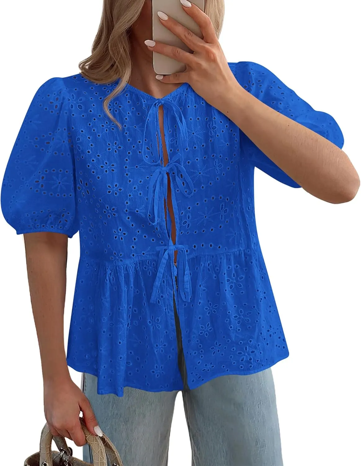 KIRUNDO Womens Tops Dressy Casual Tie Front Shirts Short Lantern Sleeve Hollow Out Lace Embroidered Babydoll Blouses