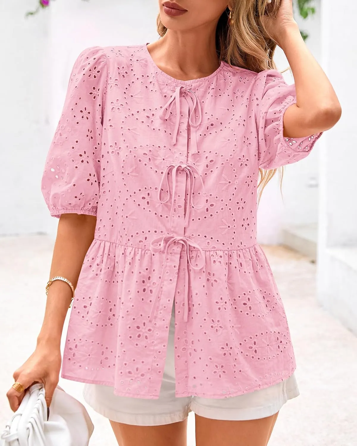 KIRUNDO Womens Tops Dressy Casual Tie Front Shirts Short Lantern Sleeve Hollow Out Lace Embroidered Babydoll Blouses