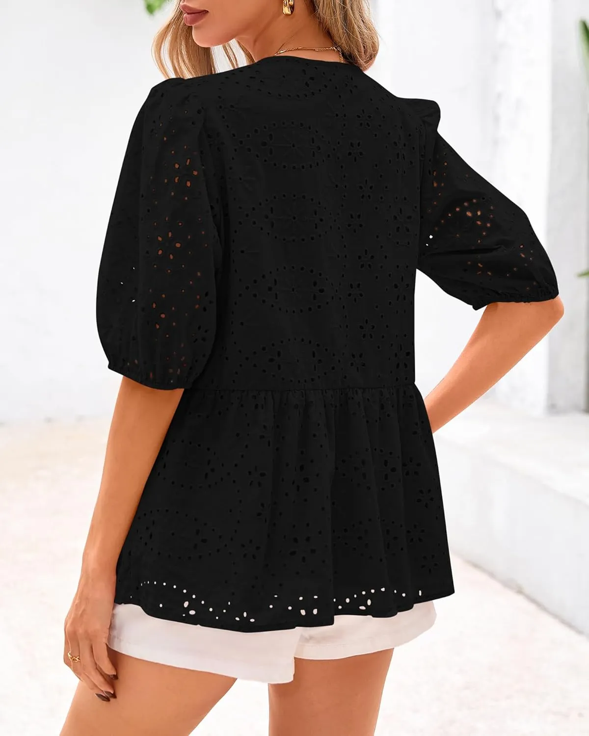 KIRUNDO Womens Tops Dressy Casual Tie Front Shirts Short Lantern Sleeve Hollow Out Lace Embroidered Babydoll Blouses