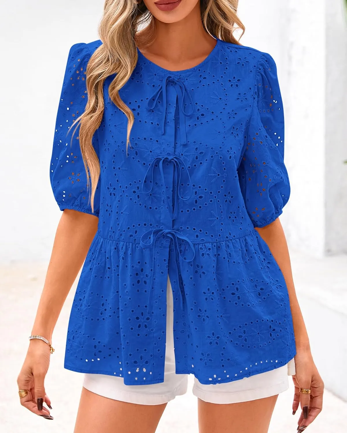 KIRUNDO Womens Tops Dressy Casual Tie Front Shirts Short Lantern Sleeve Hollow Out Lace Embroidered Babydoll Blouses