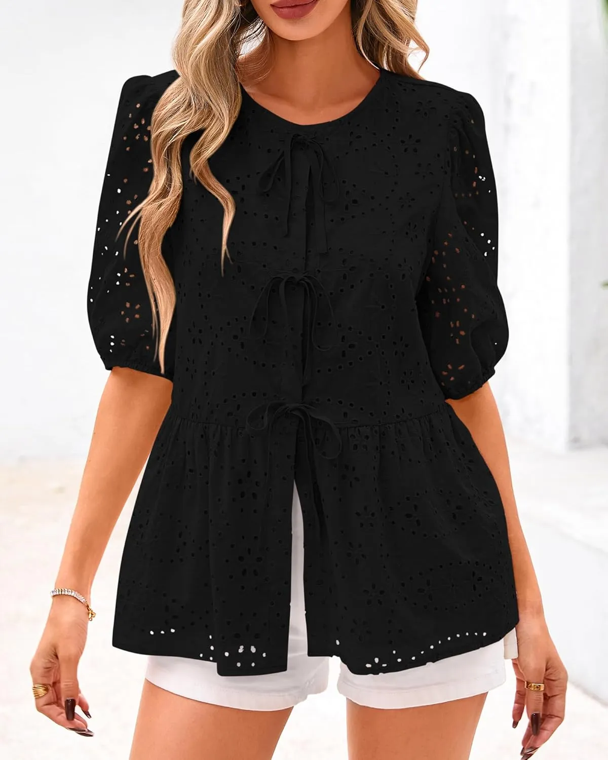 KIRUNDO Womens Tops Dressy Casual Tie Front Shirts Short Lantern Sleeve Hollow Out Lace Embroidered Babydoll Blouses