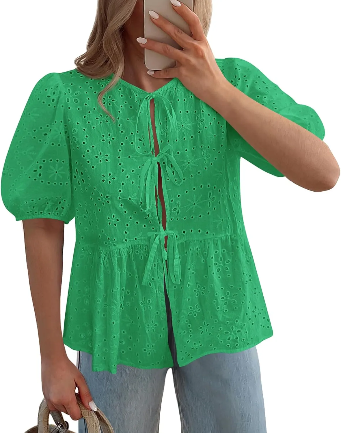 KIRUNDO Womens Tops Dressy Casual Tie Front Shirts Short Lantern Sleeve Hollow Out Lace Embroidered Babydoll Blouses