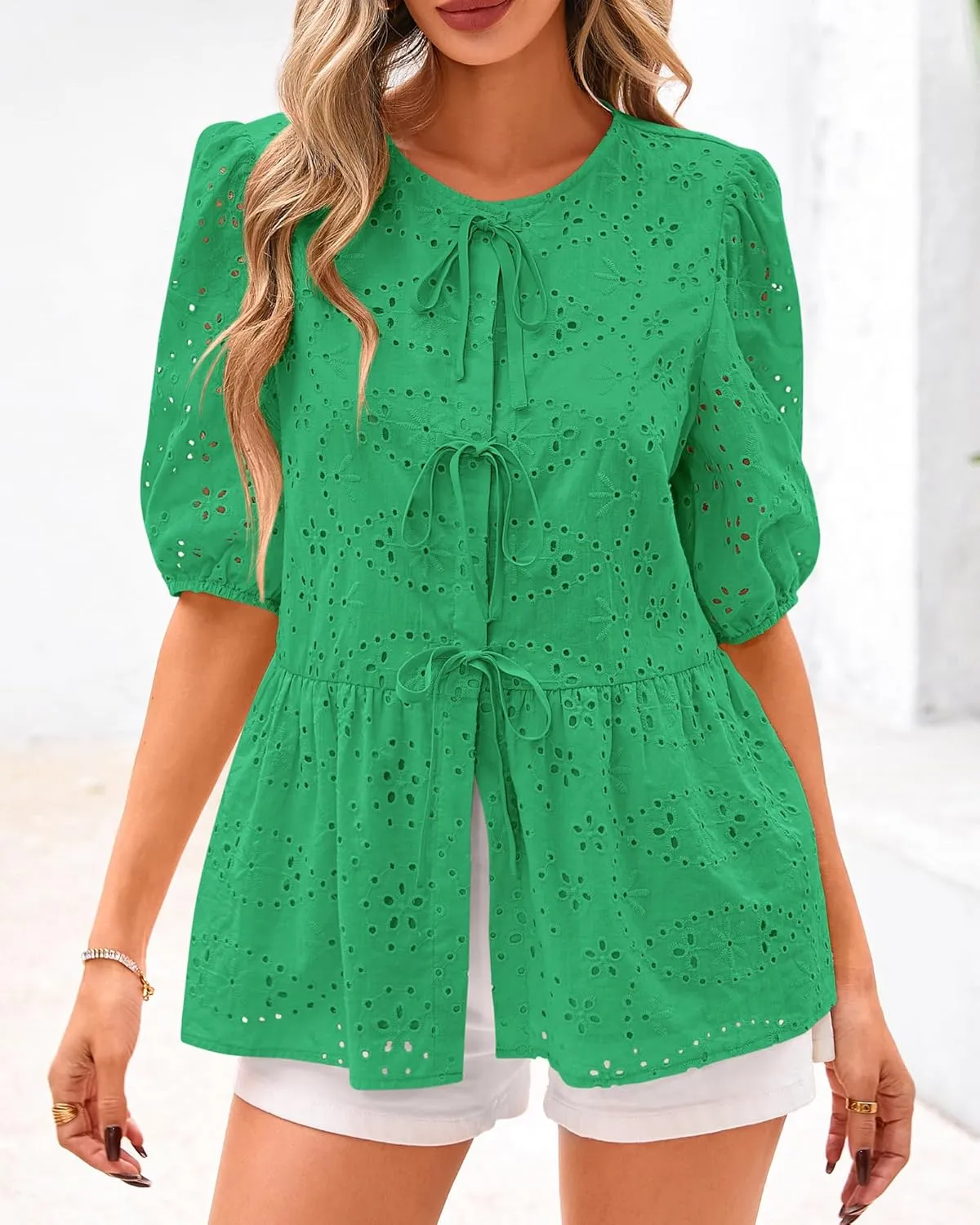 KIRUNDO Womens Tops Dressy Casual Tie Front Shirts Short Lantern Sleeve Hollow Out Lace Embroidered Babydoll Blouses