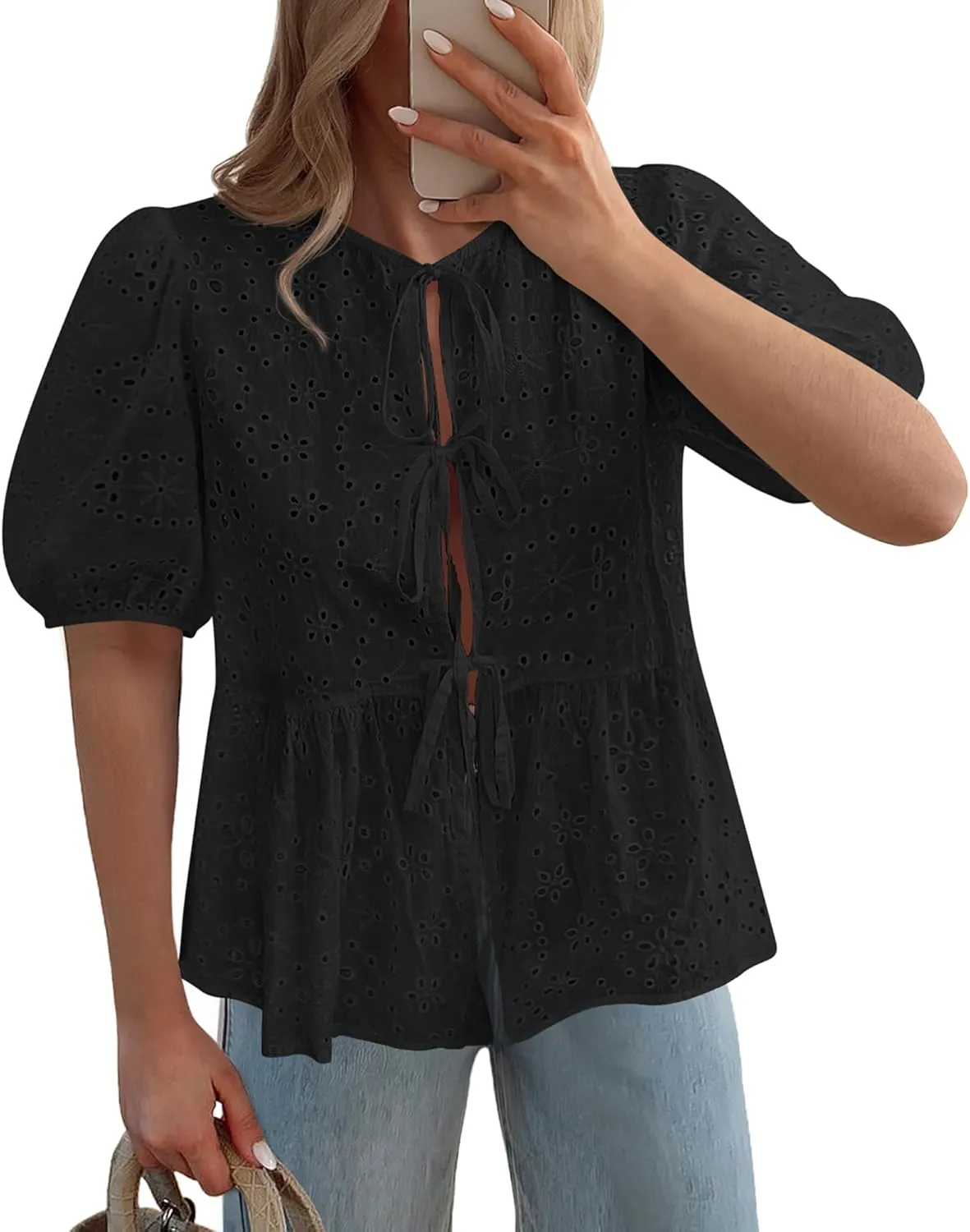 KIRUNDO Womens Tops Dressy Casual Tie Front Shirts Short Lantern Sleeve Hollow Out Lace Embroidered Babydoll Blouses
