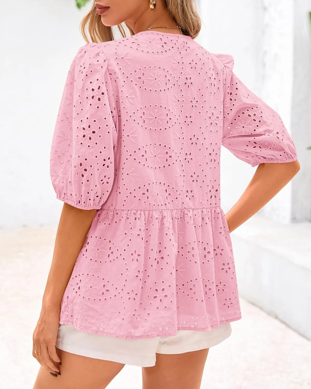 KIRUNDO Womens Tops Dressy Casual Tie Front Shirts Short Lantern Sleeve Hollow Out Lace Embroidered Babydoll Blouses